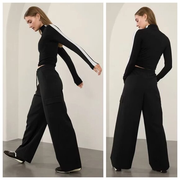Athleta Promenade High Rise Cargo Pant Relaxed Wide Leg Pants Black Size L - Picture 2 of 14